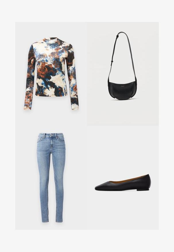 Blusa de manga larga en una mezcla de patrones abstractos en azul, marrón y crema. Tejido suave con un diseño ajustado y cuello alto.; Jeans ajustados de un azul claro, confeccionados en denim, con una cinturilla estándar, cinco bolsillos y costuras en contraste a lo largo de las costuras.; Zapato plano de punta puntiaguda de cuero negro con tacón bajo y acabado liso, mostrado de perfil sobre un fondo gris claro.; Bolso bandolera de cuero negro en forma de media luna con correa ajustable y pequeño logo dorado en el centro frontal.