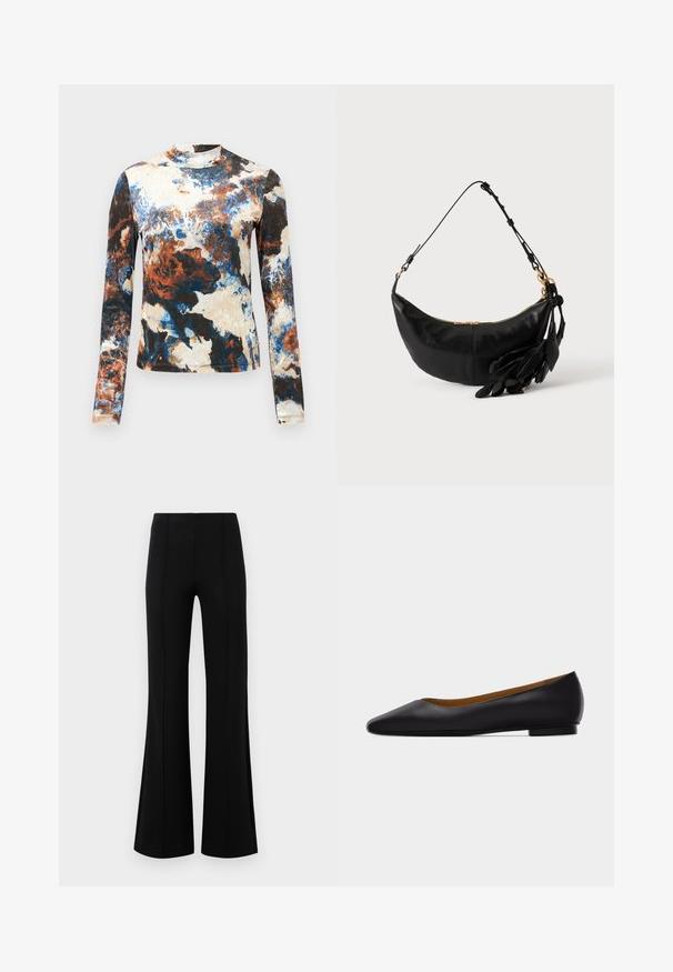 Blusa de manga larga en una mezcla de patrones abstractos en azul, marrón y crema. Tejido suave con un diseño ajustado y cuello alto.; Pantalones acampanados negros de cintura alta, fabricados en tejido elástico. Presentan detalles de costura vertical en la parte delantera y una textura suave.; Zapato plano de punta puntiaguda de cuero negro con tacón bajo y acabado liso, mostrado de perfil sobre un fondo gris claro.; Bolso de hombro de cuero negro en forma de media luna con correa ajustable, cremallera dorada y borlas decorativas de cuero en forma de hoja en un lado.