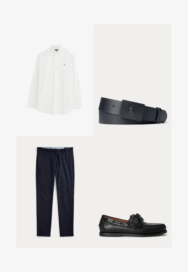 Camisa blanca de manga larga con botones y un pequeño logo bordado de un golfista en negro en el pecho izquierdo.; Pantalones de vestir azul marino para hombre con trabillas para cinturón, bragueta con cremallera y bolsillos laterales, extendidos planos sobre un fondo blanco.; Mocasín negro de cuero con detalle de cordones y suela baja de goma, visto de lado sobre un fondo claro y liso.; Cinturón de cuero negro con una hebilla rectangular negra que presenta un logotipo de jugador de polo en relieve.