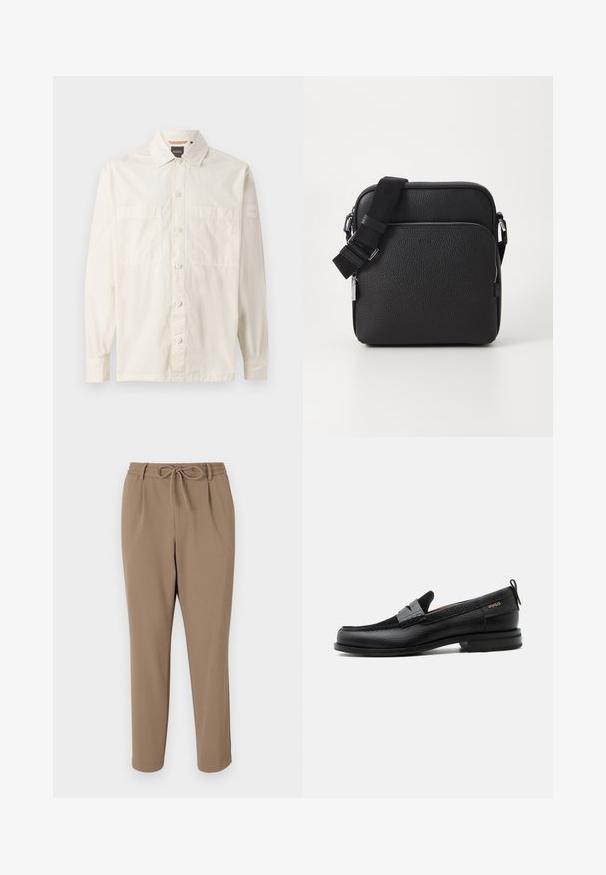 Chemise beige à manches longues en tissu léger, avec un devant boutonné, deux poches poitrine et une étiquette de marque sur la manche.; Pantalons beiges fuselés avec une taille à cordon de serrage, des poches latérales et une texture lisse. Aucun motif visible ni accent supplémentaire.; Mocassin en cuir noir avec détail de bride grise, talon bas et semelle texturée, marqué "HUGO" en or sur le côté.; Sac bandoulière en cuir noir avec une surface texturée, doté d'une poche zippée à l'avant, d'une bandoulière ajustable et d'accents en métal.