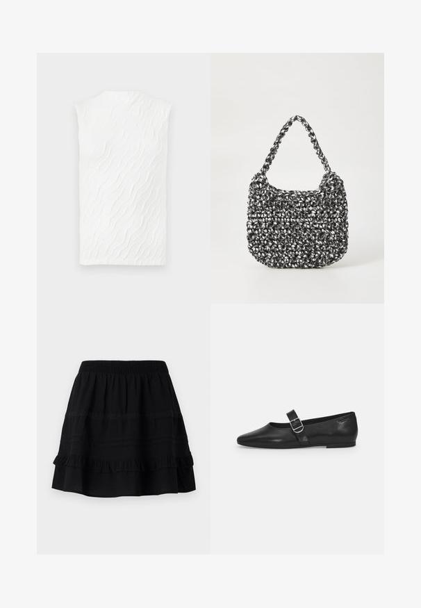 Haut sans manches blanc avec un motif en vagues texturées, un col haut et une silhouette légèrement ajustée. Tissu lisse avec une dimension subtile.; Jupe en coton noir avec un design à volants superposés, dotée d'une taille élastique et d'ornements en couture contrastée et en bandes de dentelle.; Chaussure plate en cuir noir avec un bout arrondi, une seule sangle réglable à boucle et une texture lisse et brillante. Design minimaliste avec un petit talon.; Sac en osier noir et blanc de forme arrondie, avec une surface texturée et une poignée tressée. Convient à un usage décontracté.