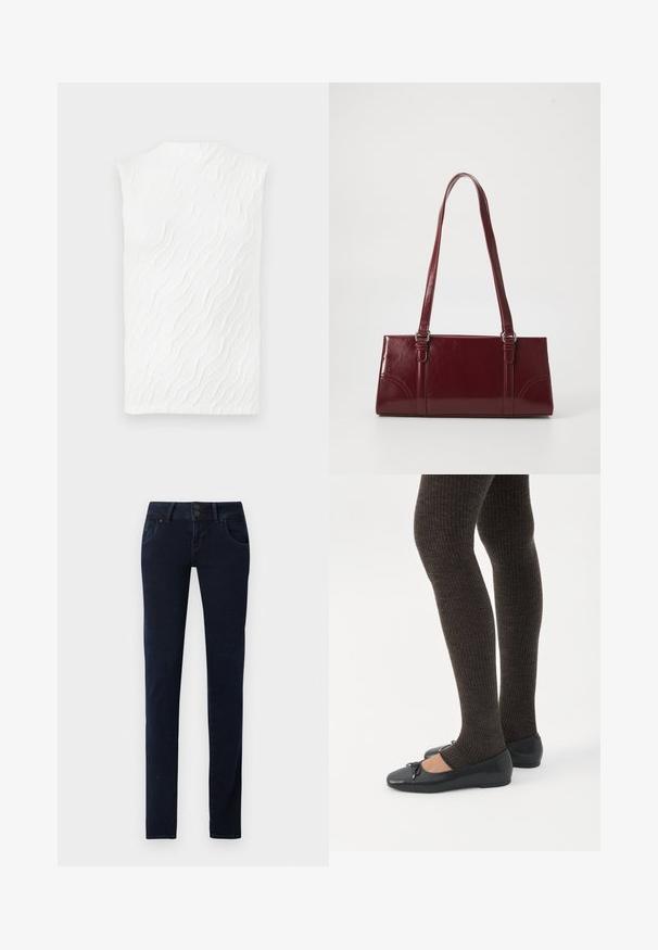 Haut sans manches blanc avec un motif en vagues texturées, un col haut et une silhouette légèrement ajustée. Tissu lisse avec une dimension subtile.; Jean en denim bleu foncé avec une coupe slim, un design à cinq poches, une fermeture à double bouton et une texture légèrement décolorée le long des cuisses.; Jambes portant des leggings côtelés foncés associés à des ballerines noires avec de petits détails en nœud sur fond blanc.; Sac à main bordeaux en matériau brillant, de forme rectangulaire, avec deux anses et des accents légèrement courbés à l'avant.