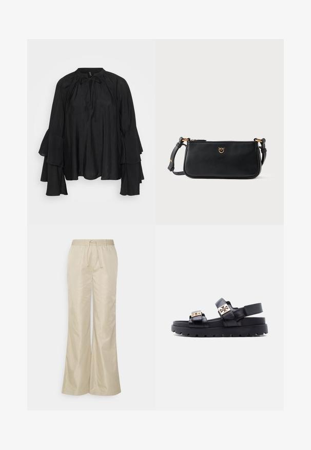 Zwarte lichte blouse met een hoge hals, strikdetail en gelaagde, uitlopende mouwen. Makkelijkvallende stof met een vloeiende, ontspannen pasvorm.; BLANCHE OJAI PANTS - Broek - beige; Zwarte leren sandaal met een stevige zool, twee verstelbare bandjes met gespen in goudkleur en een open hielband.; Zwarte leren schoudertas met een zachte textuur, voorzien van een gouden logo-accent aan de voorkant en een verstelbare schouderriem.
