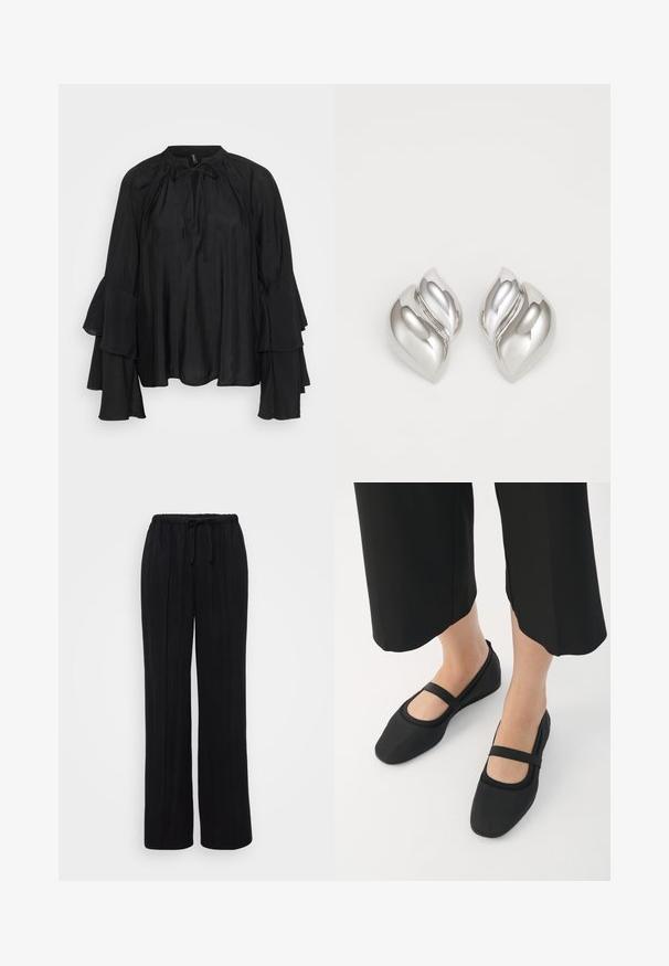 Blusa ligera negra con cuello alto, detalle de lazo y mangas acampanadas en capas. Tejido suave con un ajuste fluido y relajado.; Pantalones negros de pierna ancha, hechos de una tela suave con cintura elástica y cordón. Presentan pliegues verticales para un ajuste relajado.; Bailarinas negras de material suave, con punta redonda y una correa de contraste en el empeine. Suela plana, diseño minimalista.; Pendientes de plata con una forma orgánica y abstracta. Superficie lisa y brillante con un diseño cónico. Presentan suaves curvas y un detalle de línea central.