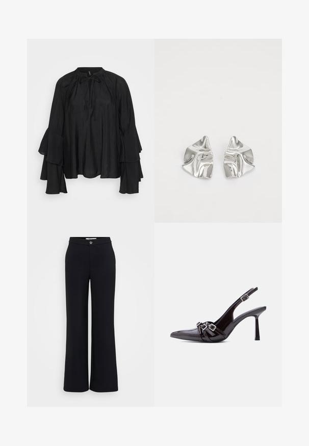 Blusa ligera negra con cuello alto, detalle de lazo y mangas acampanadas en capas. Tejido suave con un ajuste fluido y relajado.; Pantalones de pierna ancha en negro, hechos de una tela suave, con cierre de botón en la parte delantera, trabillas para cinturón y costuras discretas para un diseño limpio.; Zapato de tacón alto tipo slingback de charol negro con punta afilada y tres correas decorativas con hebillas sobre la parte superior.; Pendientes de metal plateado con un diseño ondulado y escultórico, que presentan un acabado pulido y formas irregulares, destacando una estética contemporánea.