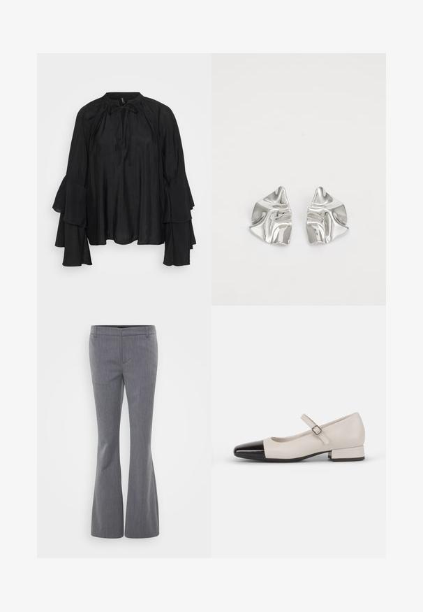 Blusa ligera negra con cuello alto, detalle de lazo y mangas acampanadas en capas. Tejido suave con un ajuste fluido y relajado.; Gina Tricot Tall RELAXED TROUSERS - Pantalones - grey melange; Zapato estilo Mary Jane en cuero crema con puntera de charol negro. Presenta una punta redonda, tirante en el tobillo con una hebilla cuadrada y un tacón bajo y cuadrado.; Pendientes de metal plateado con un diseño ondulado y escultórico, que presentan un acabado pulido y formas irregulares, destacando una estética contemporánea.