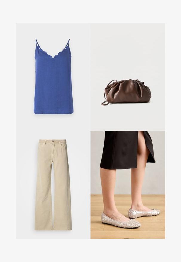 Haut sans manches bleu avec un col festonné, fabriqué en tissu léger, doté de fines bretelles et d'une coupe décontractée.; Pantalon beige taille haute à jambes larges avec bouton à l'avant, fermeture éclair, passants pour ceinture et cinq poches.; Ballerines en sequins beiges avec un bout rond, ornées d'un accent nœud, associées à une jupe noire, exposées sur un sol en bois.; Sacoche en cuir marron doux avec un haut froncé et une fine bandoulière, posée sur un fond blanc.