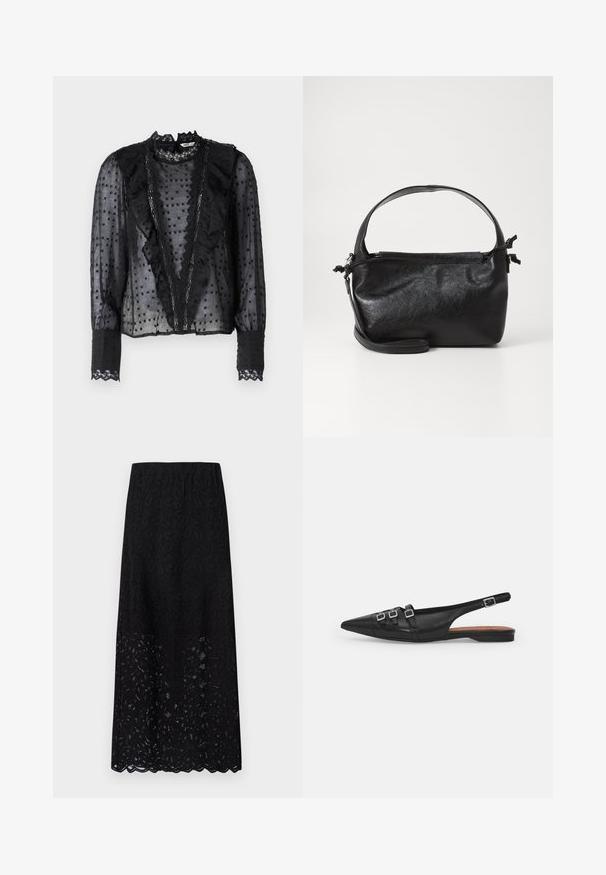 Chemisier noir à manches longues, fabriqué en tissu transparent, avec des volants sur le devant et des accents en dentelle sur le col et les poignets.; Jupe midi en dentelle noire avec un motif floral texturé et un ourlet en scallop. Dispose d'une taille élastique pour plus de confort.; Chaussure plate noire en cuir avec un bout pointu, dotée de deux lanières horizontales et de boucles carrées en argent, avec un faible talon et une texture lisse.; Sac à main en cuir noir au design structuré, avec une poignée arrondie et une bandoulière amovible. Présente une texture lisse et un éclat subtil.