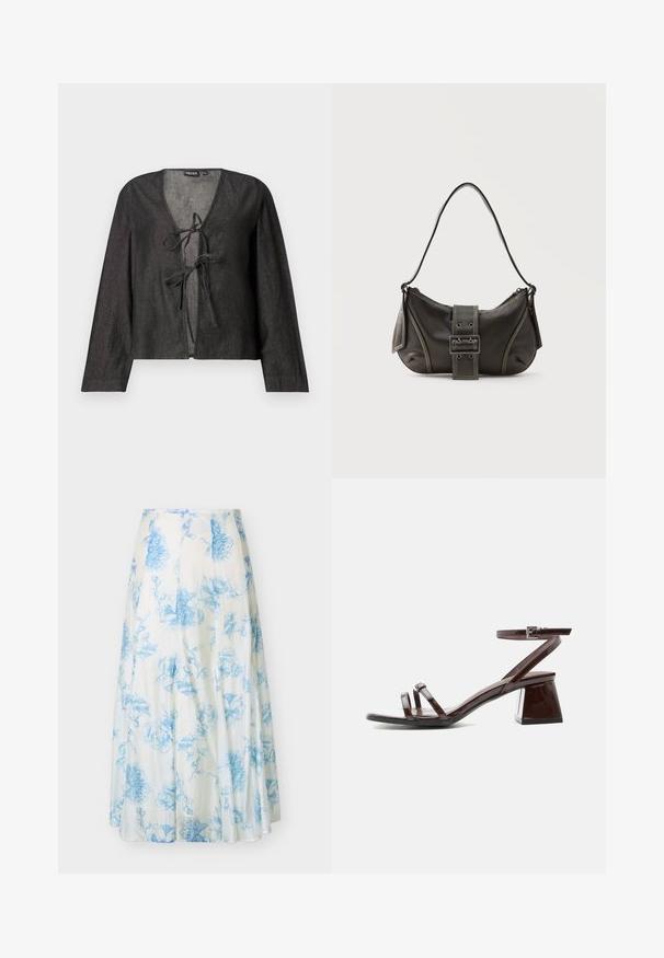 Blouse noire légère à manches longues, décolleté en V et fermeture à nouer à l'avant. Texture lisse, design simple et sans motifs visibles.; Jupe midi blanche avec imprimé floral bleu doux et détails plissés, créant une silhouette fluide et élégante.; Sandale en cuir verni marron foncé avec talon bloc, bride à la cheville avec boucle et deux fines lanières sur les orteils sur fond blanc.; Sac à épaule en cuir noir avec une sangle à boucle, des bords arrondis et des coutures blanches contrastées sur un fond uni.