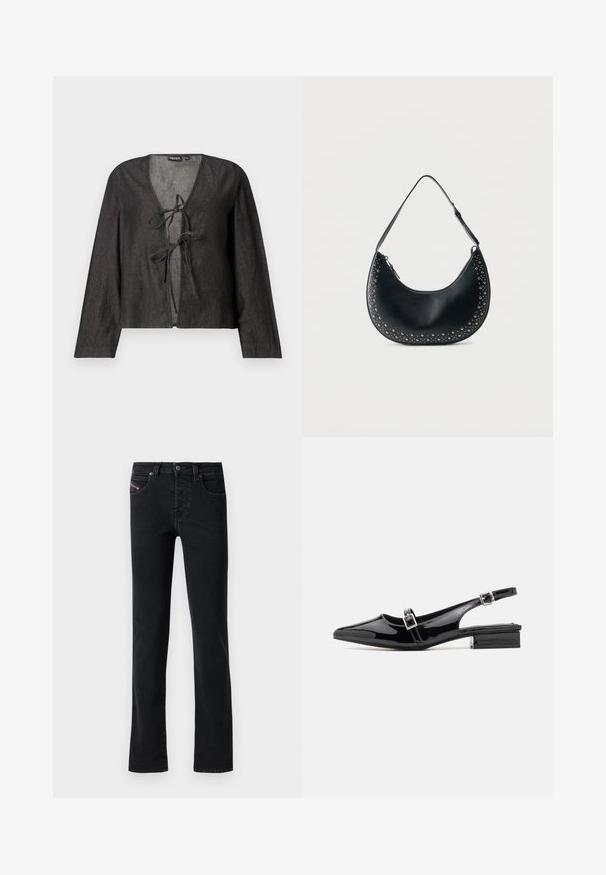 Blouse noire légère à manches longues, décolleté en V et fermeture à nouer à l'avant. Texture lisse, design simple et sans motifs visibles.; Jeans en denim noir avec une coupe droite, dotés de cinq poches et de détails de couture subtils. Le tissu a une texture lisse et un décoloration minimale.; RAID RAMIA - Ballerines à brides arrière - black; Sac bandoulière croissant en cuir noir avec des clous argentés le long des bords et une sangle ajustable sur fond blanc.