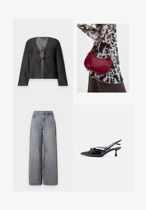 Sort letvægtsbluse med lange ærmer, V-hals og snøre lukning fortil. Helt glat tekstur, enkelt design og ingen synlige mønstre.; Bredde ben denim jeans i en falmet grå vask, med fem lommer, en knaplukning og en blød tekstur med subtile fældningsdetaljer.; Sort laklæder slingback-pumpe med spids tå, lav kittenhæl og dekorativ knyttet sløjfedetalje foran.; Kvinde iført en sort- og hvidmønstret bluse, der holder en blank rød skuldertaske mod en ensfarvet baggrund.