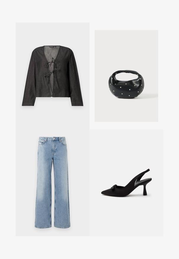 Blusa ligera negra de manga larga, con escote en V y cierre de lazo en la parte delantera. Textura suave, diseño simple y sin patrones visibles.; Jeans de pernera ancha de color azul claro con un lavado desgastado, cinco bolsillos, cierre de botón y bajos rectos. Fabricados en denim con una textura suave.; Zapato de tacón alto de punta afilada con tira trasera negra, con un pequeño lazo en la parte delantera y tacón estrecho, mostrado sobre un fondo blanco.; Bolso de mano de cuero negro con forma redondeada, decorado con detalles de tachuelas plateadas y un asa corta. Textura lisa y cierre con cremallera.