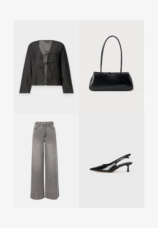 Blusa ligera negra de manga larga, con escote en V y cierre de lazo en la parte delantera. Textura suave, diseño simple y sin patrones visibles.; Pantalones de mezclilla grises de tiro alto y corte ancho, con cinturón trenzado, bolsillos delanteros, cierre de botones y bajos doblados.; Tacones slingback de charol negro con punta afilada, tacón delgado y correa ajustable con hebilla. Textura suave con un detalle mínimo.; Bolso de hombro rectangular negro con correas largas y delgadas y una textura lisa y brillante sobre un fondo liso.