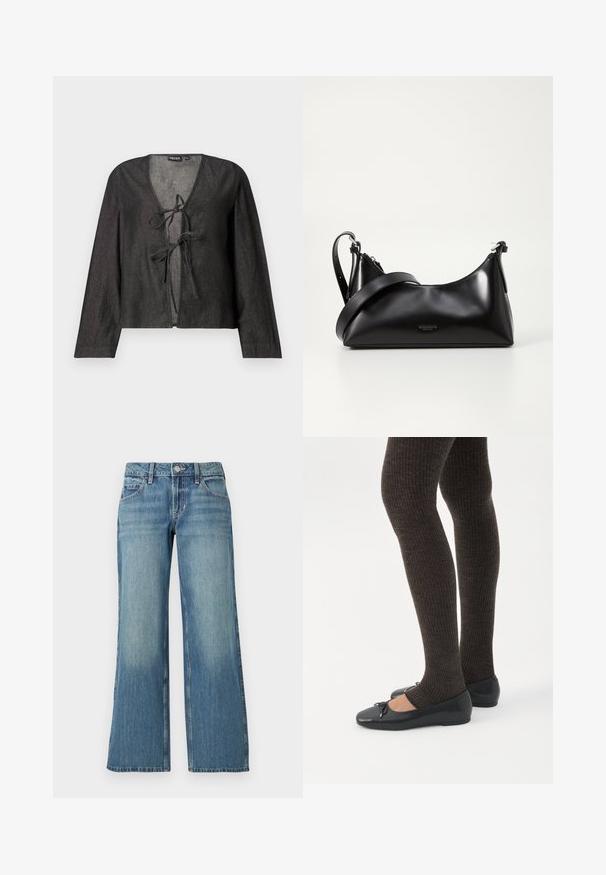 Blusa ligera negra de manga larga, con escote en V y cierre de lazo en la parte delantera. Textura suave, diseño simple y sin patrones visibles.; Jeans de mezclilla azul claro con diseño de pierna ancha, cintura de altura media, bolsillos delanteros y sutiles desgastes, mostrando una textura suave.; Piernas con leggings oscuros acanalados combinados con bailarinas negras que presentan pequeños detalles de lazo sobre un fondo blanco.; Bolso de mano de cuero negro con una textura suave. Cuenta con una correa ajustable y un diseño elegante y minimalista con cierre de cremallera.