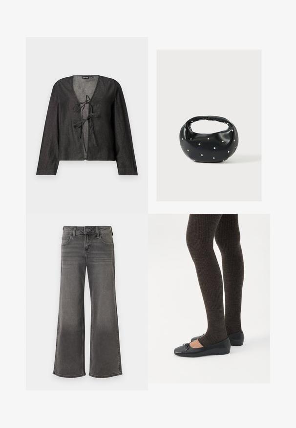 Μαύρη ελαφριά μπλούζα με μακριά μανίκια, V-neck και δέσιμο μπροστά. Λείος υφαντός, απλός σχεδιασμός και χωρίς ορατά μοτίβα.; Γκρίζα φαρδιά τζιν παντελόνια από τζιν ύφασμα, με κλασικό σχέδιο πέντε τσεπών, κουμπί κλεισίματος και λεπτομέρειες ραφής κατά μήκος των ραφών.; Πόδια με σκουρόχρωμα ριμπ κολάν συνδυασμένα με μαύρα μπαλαρίνα παπούτσια με μικρές λεπτομέρειες φιόγκων σε λευκό φόντο.; Μαύρη δερμάτινη τσάντα χειρός με στρογγυλεμένο σχήμα, διακοσμημένη με ασημένιες λεπτομέρειες με καρφιά και κοντή λαβή. Λείο υλικό και κλείσιμο με φερμουάρ.