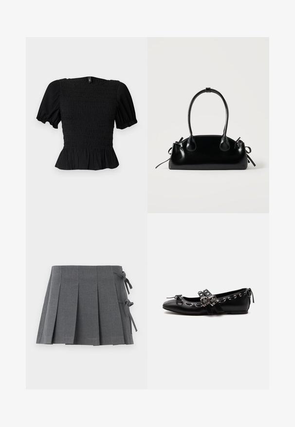 Haut court noir texturé avec manches bouffantes, corsage smocké, encolure carrée et ourlet à volants sur fond clair.; Jupe mini plissée grise en tissu texturé, avec une fermeture à nouer sur un côté et une ceinture lisse pour plus de confort.; Chaussure de ballet plate noire avec doubles brides à boucle, œillets argentés et petit nœud près de l’orteil arrondi sur fond blanc.; Petit sac à main noir brillant avec deux longues anses et des détails à cordon sur les côtés sur un fond clair uni.