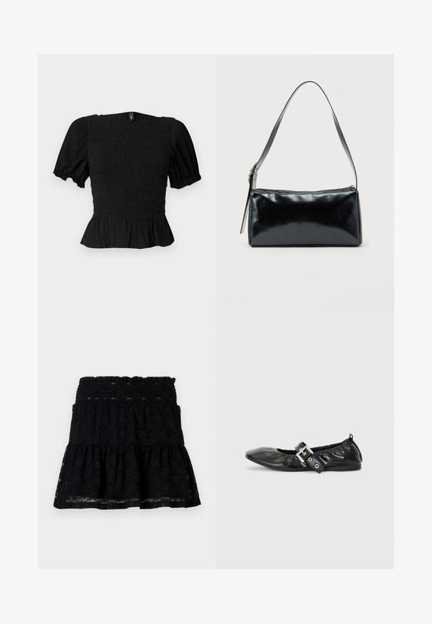 Haut court noir texturé avec manches bouffantes, corsage smocké, encolure carrée et ourlet à volants sur fond clair.; Jupe en dentelle noire avec une taille élastique. Caractéristiques d'un design évasé et à plusieurs niveaux, avec une texture transparente, créant une apparence en couches.; Chaussure plate en cuir noir avec un nez pointu, des détails froncés autour de l'ouverture et un accent en boucle argentée sur la bride ajustable.; Sac d'épaule rectangulaire noir avec une sangle réglable unique et une fermeture éclair supérieure sur un fond uni.