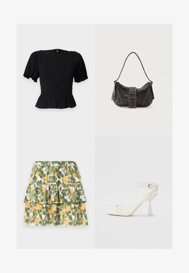 Haut court noir texturé avec manches bouffantes, corsage smocké, encolure carrée et ourlet à volants sur fond clair.; Mini-jupe à volants avec taille élastique, présentant un motif floral jaune et feuilles vertes sur un fond clair.; Sandale à talons hauts à brides en cuir blanc avec un design épuré, un talon bloc transparent et un élément décoratif au niveau des orteils.; Sac à épaule en cuir noir avec une sangle à boucle, des bords arrondis et des coutures blanches contrastées sur un fond uni.