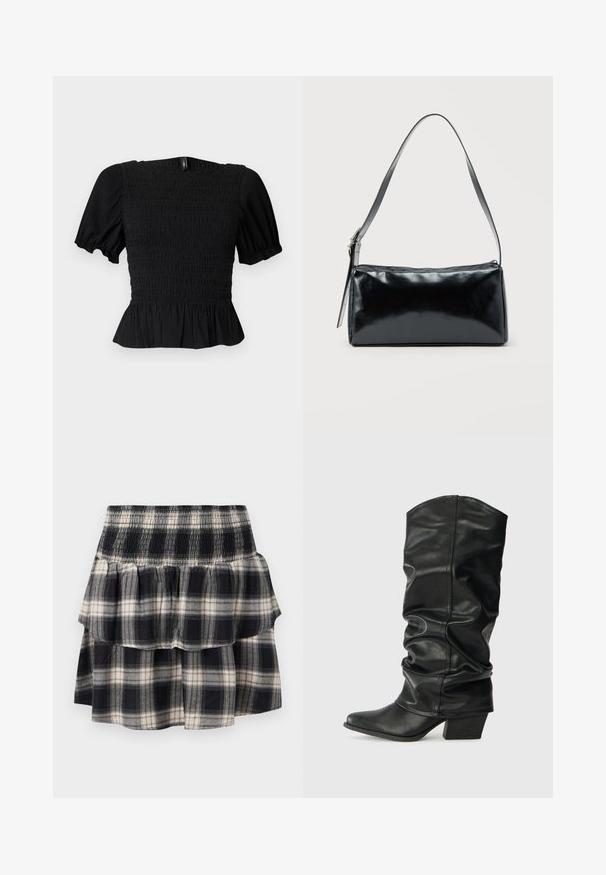 Haut court noir texturé avec manches bouffantes, corsage smocké, encolure carrée et ourlet à volants sur fond clair.; Jupe à volants à carreaux noir et blanc avec taille smockée. Avec des couches froncées et une texture douce en coton.; Bottes noires en cuir, montantes jusqu'au genou, avec un design plissé, un bout pointu et un talon épais, présentant une texture lisse et des coutures minimales.; Sac d'épaule rectangulaire noir avec une sangle réglable unique et une fermeture éclair supérieure sur un fond uni.
