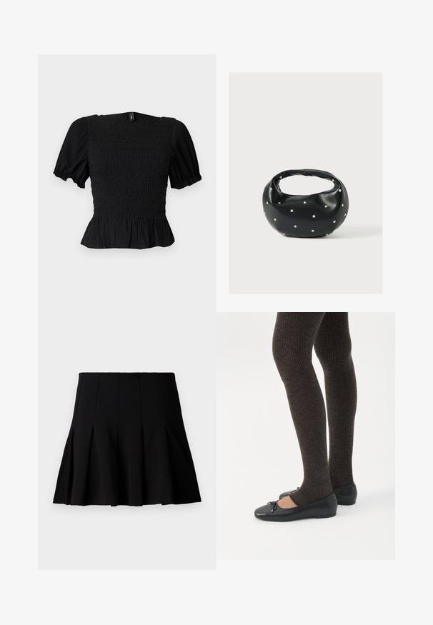 Haut court noir texturé avec manches bouffantes, corsage smocké, encolure carrée et ourlet à volants sur fond clair.; Jupe noire courte plissée en tissu lisse. Dispose d'une taille élastique et d'une silhouette évasée qui s'étend jusqu'au milieu de la cuisse.; Jambes portant des leggings côtelés foncés associés à des ballerines noires avec de petits détails en nœud sur fond blanc.; Sac à main en cuir noir de forme arrondie, décoré de clous argentés et équipé d'une poignée courte. Texture lisse et fermeture éclair.
