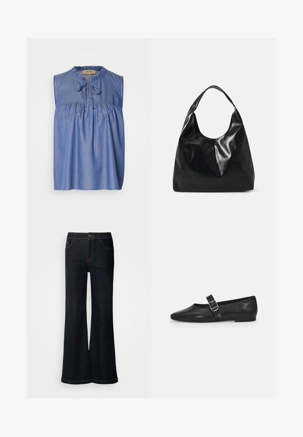 Sininen ilman hihoja oleva toppi, joka on valmistettu kevyestä kankaasta. Siinä on kerrostettu yläosa, röyhelökaulus ja narutasku edessä.; Mos Mosh MMDARA DELUXE JEANS - Relaxed fit -farkut - dark blue; Mustat nahkakengät, joissa on pyöreä kärki, yksi säädettävä solkiremmija sileä, kiiltävä pinta. Minimalistinen muotoilu ja matala korko.; Mustalainen nahkatyylinen hobo-laukku, jossa on pehmeä, kiiltävä pinta ja pyöreä, avoin yläosa. Varustettu leveällä, kaarevalla hihnalla kantamista varten. Ei näkyvää metalliosaa.
