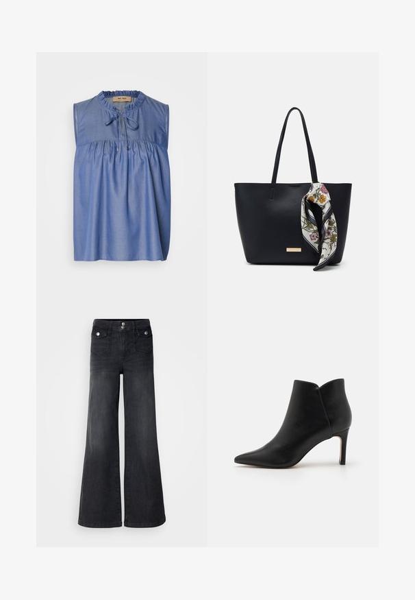 Blå ærmeløs bluse lavet af letvægtsstof, med en samlet skæring ved brystet, flæseudskæring og en snøre-lukning foran.; Sorte denim brede ben jeans med høj talje, forknapper og to forlommer; glat tekstur med en let falmet finish.; Sorte læder ankelstøvler med spidse tæer, smal design og stiletthæl, der har en unik bølgeformet åbning ved anklen.; Sort læder tote taske med to skulderremme, prydet med et blomsterprint silkeslør bundet om håndtaget og en metallisk logo detalje på forsiden.