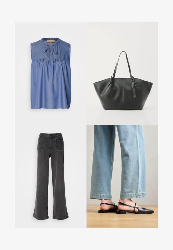 Blå ærmeløs bluse lavet af letvægtsstof, med en samlet skæring ved brystet, flæseudskæring og en snøre-lukning foran.; Høj talje, brede ben sorte jeans lavet af denim, med knaplukning, bæltestropper og to baglommer med syninger.; Sorte læder slingback-sko med spidse tæer, flad hæl og ankelrem; båret med lyseblå viddebenede jeans.; Vero Moda VMDITTA - Shopping bags - black