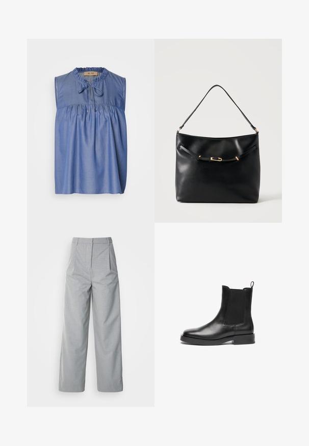 Blouse sans manches bleue en tissu léger, avec un corsage froncé, un col à volants et une fermeture à nouer à l'avant.; Pantalons larges gris en tissu texturé, avec une taille haute, des plis à l'avant et une coupe droite jusqu'à l'ourlet.; Bottes Chelsea en cuir noir avec des panneaux latéraux en élasthanne, bout rond, tirant et semelle en caoutchouc noir robuste. Texture lisse et design classique.; Sac à épaule en cuir noir avec une bandoulière unique et un petit détail de boucle dorée à l'avant, sur un fond clair uni.