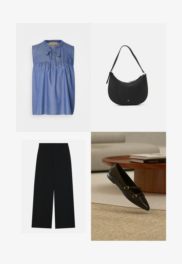 Blouse sans manches bleue en tissu léger, avec un corsage froncé, un col à volants et une fermeture à nouer à l'avant.; Pantalons noirs à jambe large en tissu lisse. Dotés d'une taille plate avec passants de ceinture et sans poches visibles. Design simple.; Chaussure plate noire à bout pointu avec deux fines brides à boucle flottant au-dessus d'un tapis beige, avec une table basse en bois et des livres en arrière-plan.; Sac à main en cuir noir avec une forme courbée, surface texturée, coutures avant et un logo doré. Il est doté d'une seule sangle ajustable.