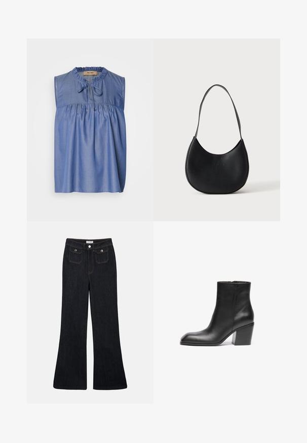 Blå ærmeløs bluse lavet af letvægtsstof, med en samlet skæring ved brystet, flæseudskæring og en snøre-lukning foran.; Sorte denim jeans med høj talje, flared ben, to frontlommer og orange syninger. Materialet ser solidt og glat ud.; Sort læder ankelstøvle med firkantet tå og kraftig blokhæl. Glat tekstur og minimalistisk design. Sidelukning for nem påklædning.; Sort læder skuldertaske i halvmåneform med en enkelt rem og diskret præget brandnavn på en ensartet lys baggrund.