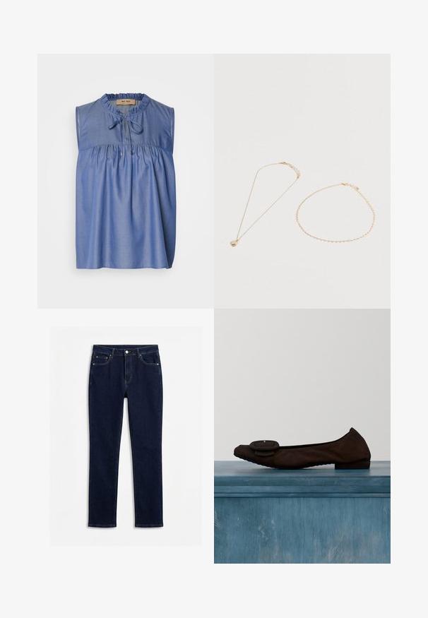 Blå ærmeløs bluse lavet af letvægtsstof, med en samlet skæring ved brystet, flæseudskæring og en snøre-lukning foran.; Mørkeblå skinny jeans med forsideknap, lynlås, bæltestropper og fem lommer, lagt fladt på en hvid baggrund.; Mørkebrune balletflade med en rund tå, glat lædermateriale og en fremtrædende rund spænde detalje på forsiden. Flad sål.; To fine guld kæder ligger på en hvid overflade; den ene med en cirkulær perlemor vedhæng, den anden en simpel kædearmbånd.