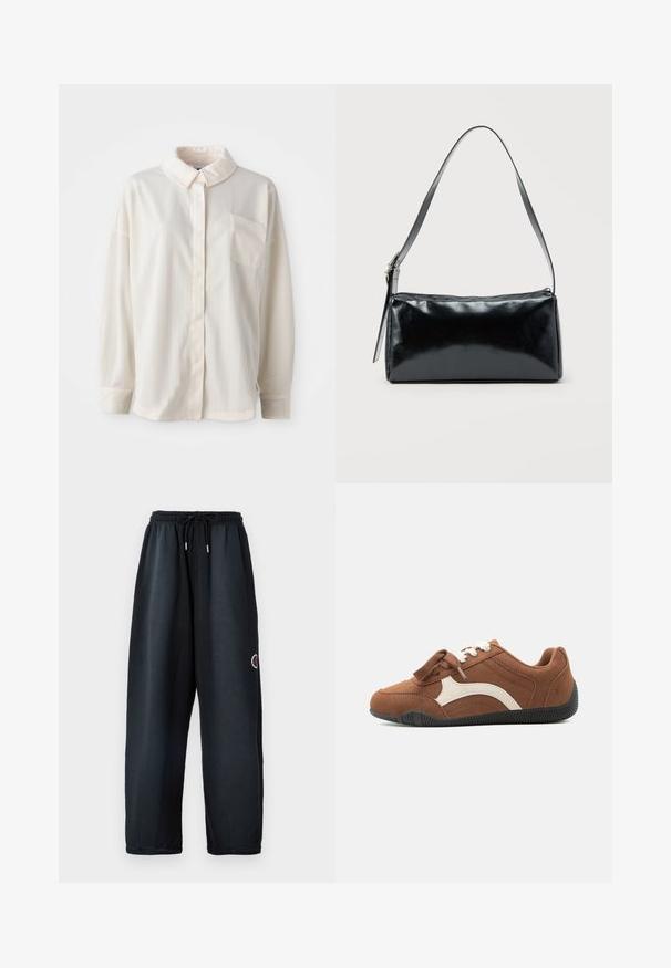 Hvid skjorte med krave, knaplukning og lodrette striber, lange ærmer, enkelt brystlomme, lavet af glat stof med en blød tekstur.; Sorte sweatpants med elastisk talje og snor. Har sidelommer og et logo i rød og hvid på venstre ben. Blødt stof.; Brun ruskindsneaker med hvid side-stribe, snørelukning og sort tekstureret sål, vist i venstre profil på hvid baggrund.; Sort rektangulær skuldertaske med en enkelt justerbar rem og lynlås i toppen på en ensfarvet baggrund.