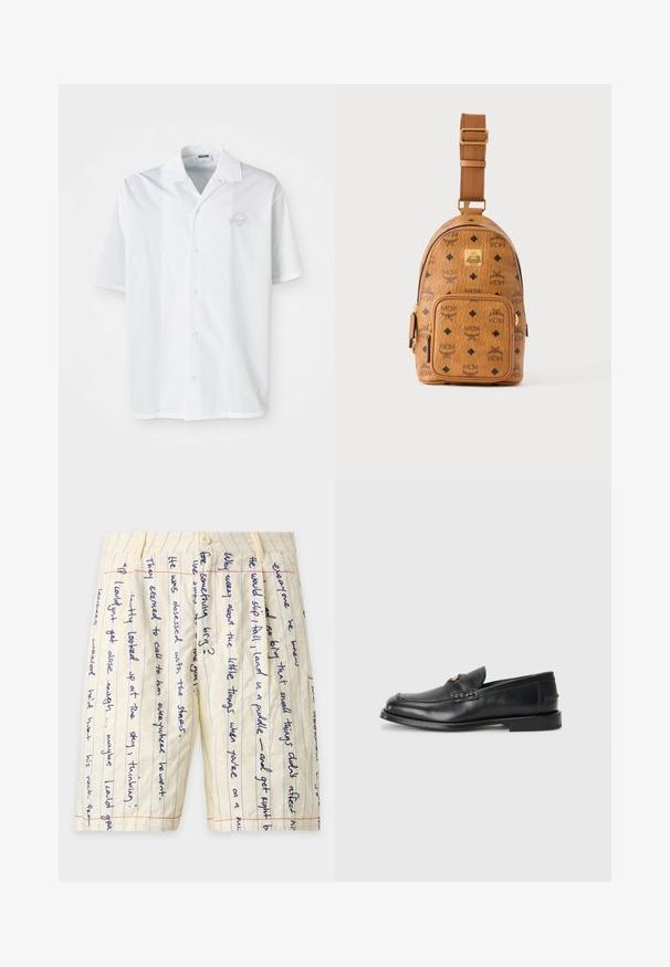 Weißes Kurzarmhemd aus Baumwolle mit durchgehender Knopfleiste vorne. Verfügt über ein dezentes, eingesticktes Logo auf der Brust. Klassisches Kragenschnittdesign.; Beige Shorts mit blau handgeschriebenem Text bedruckt, der an liniertes Papier erinnert, mit vertikalen blauen Linien und roten Randlinien.; Schwarze Lederloafers mit runder Zehenform, genähten Details und einem kleinen goldenen Akzent an der Vorderseite. Die Sohle ist flach und unauffällig.; Kleine hellbraune Leder-Crossbody-Tasche mit verstellbarem Riemen, Frontreißverschlusstasche und sich wiederholendem schwarzem MCM-Logo-Muster.