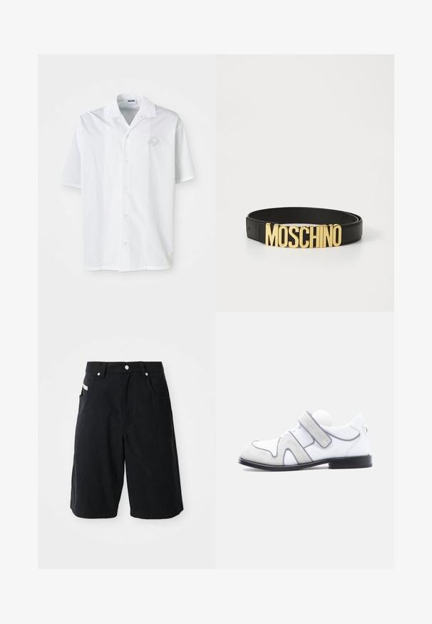 Wit kortärmelig overhemd van katoen met een knoopsluiting aan de voorkant. Heeft een subtiel geborduurd logo op de borst. Klassiek kraagontwerp.; Zwarte katoenen shorts met een relaxte pasvorm, voorzien van zijzakken, een tailleband met riemlussen en een klein label aan de zijkant.; Witte leren en grijze suède nette schoen met zwarte zool en een enkele brede klittenband sluiting aan de zijkant.; Zwarte leren riem met een grote gouden "MOSCHINO" logo gesp, gladde textuur, verstelbare maat en minimalistisch ontwerp.