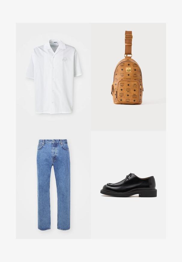 Camisa blanca de manga corta hecha de algodón con cierre frontal de botones. Presenta un logo bordado sutil en el pecho. Diseño clásico de cuello.; Won Hundred STEVE - Vaqueros boyfriend - cut blue; Zapato de cuero negro con punta redondeada, detalles de costura, cordones mínimos y suela de goma gruesa para tracción y durabilidad.; Pequeña bolsa bandolera de cuero color marrón claro con correa ajustable, bolsillo delantero con cremallera y patrón repetido del logo negro de MCM.