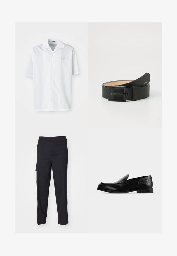 Camisa blanca de manga corta hecha de algodón con cierre frontal de botones. Presenta un logo bordado sutil en el pecho. Diseño clásico de cuello.; Pantalones negros hechos de una tela tejida suave. Cuentan con un corte recto, ajuste slim, presillas para cinturón y un bolsillo lateral.; Mocasín negro de cuero tipo slip-on con tacón bajo, punta redondeada y costura decorativa a lo largo del borde superior.; Paul Smith MEN BELT STRIPE BUCKLE - Cinturón - black