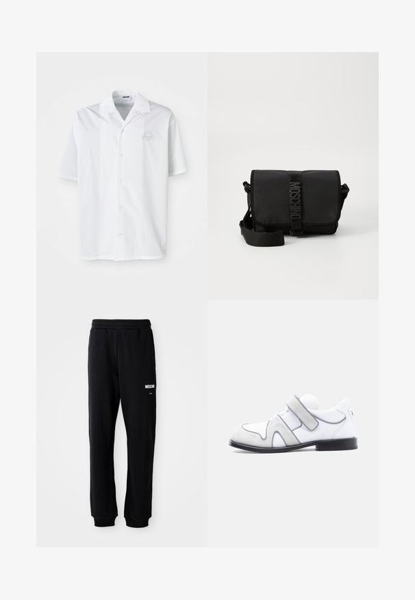 Camisa blanca de manga corta hecha de algodón con cierre frontal de botones. Presenta un logo bordado sutil en el pecho. Diseño clásico de cuello.; Pantalones de chándal negros con un corte relajado, hechos de una tela suave. Presentan una cintura elástica y el logo blanco de "Moschino" en el muslo izquierdo.; Zapato de vestir de cuero blanco y gamuza gris con suela negra y una sola correa ancha de velcro en el lateral.; Bolso cruzado negro de nailon con solapa, que cuenta con un cierre de cinta con logo prominente, correa ajustable y detalles de costura lateral.