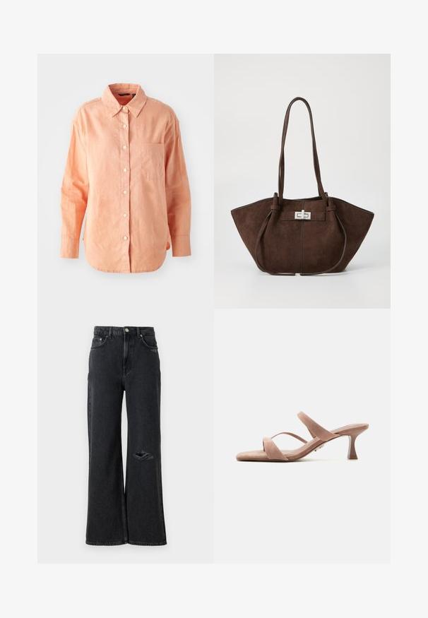 Chemise à manches longues, boutonnée, en tissu pêche clair. Elle présente un col classique, une poche sur le devant et un ourlet arrondi, avec une finition texturée.; Jeans en denim noir à jambes larges avec une taille haute, présentant une déchirure abîmée au genou gauche et des accents de boutons et rivets en métal classiques.; Sandale mule en daim beige à bout ouvert avec deux fines brides et un talon fin de hauteur moyenne sur fond blanc.; Sac fourre-tout en cuir suédé brun avec une forme structurée, doté d'un fermoir en métal argenté et de deux poignées. Texture lisse avec des coutures d'accent.