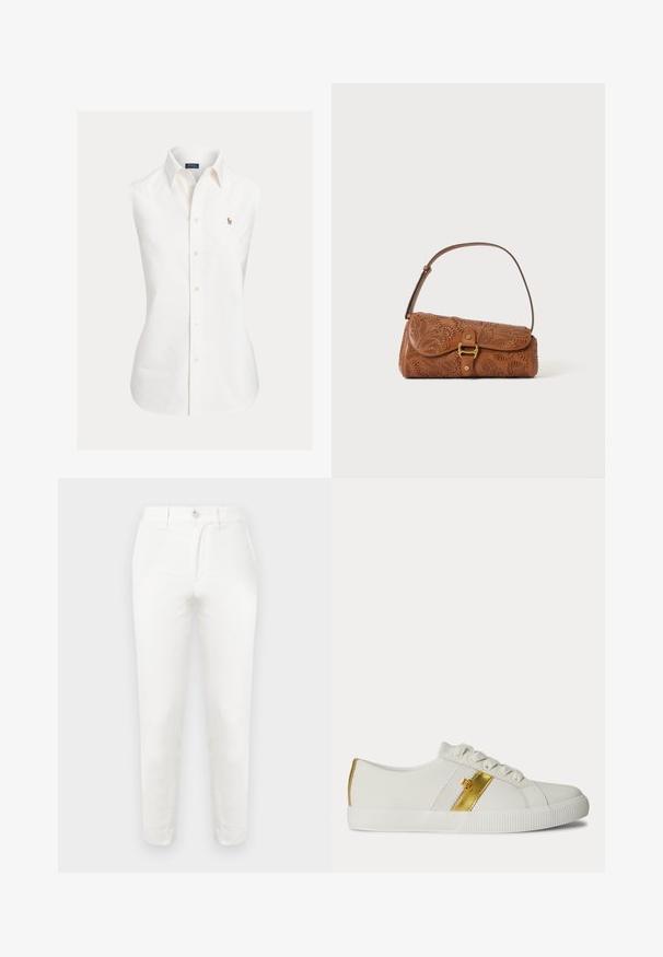 Camisa blanca sin mangas de algodón, con cuello puntiagudo, abotonadura frontal y un pequeño logo bordado en el lado izquierdo.; Pantalones de algodón blanco con un corte slim, que presentan un cierre simple con botón, frente plano y piernas estrechadas. La tela parece lisa con una textura mínima.; Zapatilla blanca de corte bajo con cordones blancos, una franja dorada en el lateral y una suela de goma blanca texturizada.; Bolso bandolera de cuero marrón con diseño calado de paisley, cierre de hebilla dorada y correa ajustable sobre fondo blanco liso.