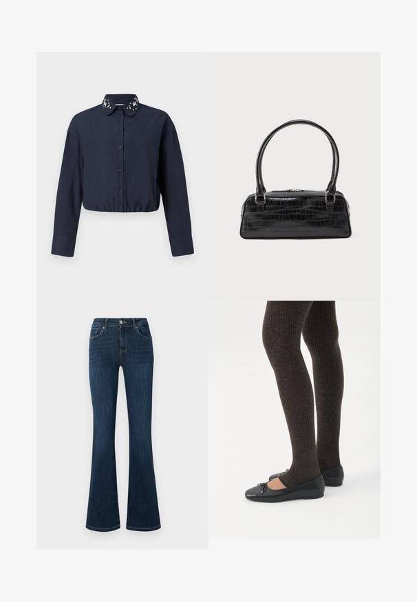 Námorníck Blue skrátená košeľa s golierom na gombíky, ktorá má dekoratívne ozdoby na golieri. Dlhé rukávy a elastický lem.; Tmavomodré džínsy z denimu so stredne vysokým pásom, štýlom s piatimi vreckami a rozšírenými nohavicami, zobrazené položene na bielom pozadí.; Nohy v tmavých pásikavých legínach v kombinácii s čiernymi balerínkami s malými mašličkami na bielom pozadí.; Čierna kabelka s embosovaným vzorom krokodíla, obdlžnikového tvaru, s krátkym rolovaným uchom a zipsovým uzáverom. Hladký povrch s lesklým povrchom.