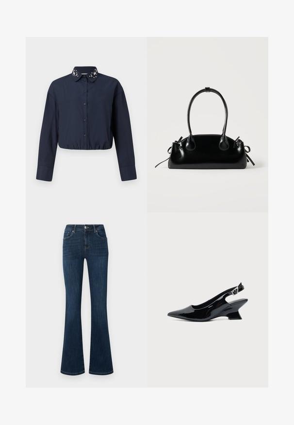Marineblaues, kurzes Hemd mit Button-Down-Kragen, das dekorative Verzierungen am Kragen aufweist. Lange Ärmel und elastischer Saum.; Dunkelblaue Jeans aus Denim mit mittelhohem Bund, Fünf-Taschen-Stil und ausgestellten Beinen, flach auf einem weißen Hintergrund liegend.; Schwarzer Slingback-Schuh aus Lackleder mit spitzer Spitze und niedrigem, schrägem Blockabsatz auf einfachem hellem Hintergrund.; Kleine schwarze glänzende Handtasche mit zwei langen Griffen und seitlichen Kordelzug-Details vor einfachem hellem Hintergrund.