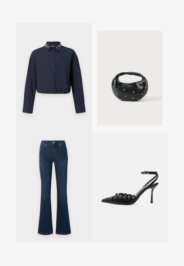 Námorníck Blue skrátená košeľa s golierom na gombíky, ktorá má dekoratívne ozdoby na golieri. Dlhé rukávy a elastický lem.; Tmavomodré džínsy z denimu so stredne vysokým pásom, štýlom s piatimi vreckami a rozšírenými nohavicami, zobrazené položene na bielom pozadí.; Čierne lodičky na vysokom opätku s špicatou špičkou, zvlnenými okrajmi, kovovými očkami, šnurovaním vpredu a remienkom na členku so sponou.; Čierna kožená kabelka s zaobleným tvarom, zdobená striebornými cvočkami a krátkym rúčkou. Hladká textúra a zapínanie na zips.