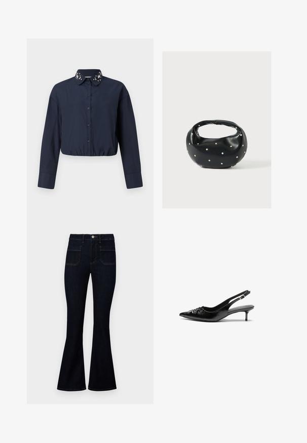 Marineblå cropped skjorte med en knap-down krave, der har dekorative udsmykninger på kraven. Lange ærmer og elastisk kant.; Mørkeblå outfitted jeans med høj talje, lavet af denim, med to baglommer og kontraststing langs sømmene.; Sorte læder slingback-pumps med spids tå, lav kitten-hæl og rynket detalje på overdelen. Glat tekstur og minimalistisk design.; Sort læderhåndtaske med en rundet form, dekoreret med sølvnitter, og et kort håndtag. Glat tekstur og lynlåslukning.