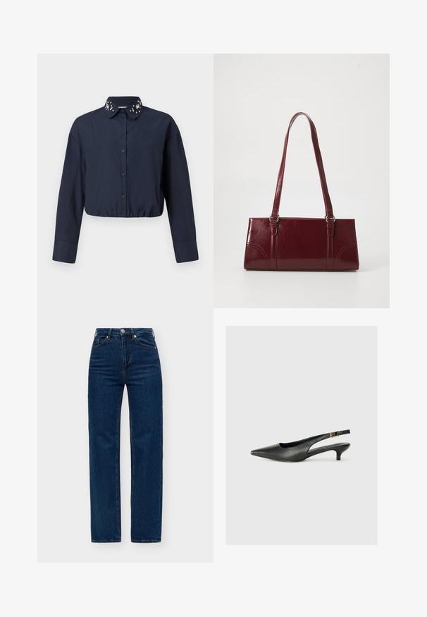 Marineblaues, kurzes Hemd mit Button-Down-Kragen, das dekorative Verzierungen am Kragen aufweist. Lange Ärmel und elastischer Saum.; Hoch taillierte, gerade geschnittene, dunkelblaue Denim-Jeans mit Frontknopf, Reißverschluss und Taschen vor hellem Hintergrund.; Schwarzer Slingback-Schuh mit spitzem Zehenbereich aus glattem Leder. Mit einem dünnen Absatz und einer dekorativen Schnalle am verstellbaren Riemen.; Burgunderfarbene Handtasche aus glänzendem Material, rechteckige Form, mit zwei Schulterriemen und subtilen, geschwungenen Akzenten an der Vorderseite.