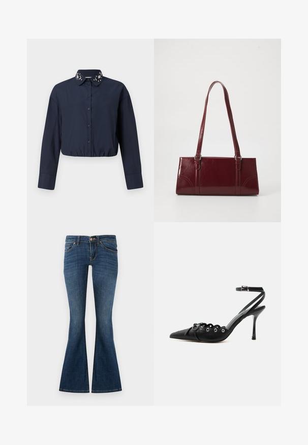 Marineblaues, kurzes Hemd mit Button-Down-Kragen, das dekorative Verzierungen am Kragen aufweist. Lange Ärmel und elastischer Saum.; Dunkelblaue Schlagjeans aus Denim mit einem Fünf-Taschen-Design, Gürtelschlaufen und einer Knopfverschluss vorne. Glatte Textur mit minimaler Ausbleichung.; Schwarzer, spitzer High-Heel-Schuh mit geschwungenen Kanten, Metallösen, Schnürung vorne und Knöchelriemen mit Schnallverschluss.; Burgunderfarbene Handtasche aus glänzendem Material, rechteckige Form, mit zwei Schulterriemen und subtilen, geschwungenen Akzenten an der Vorderseite.