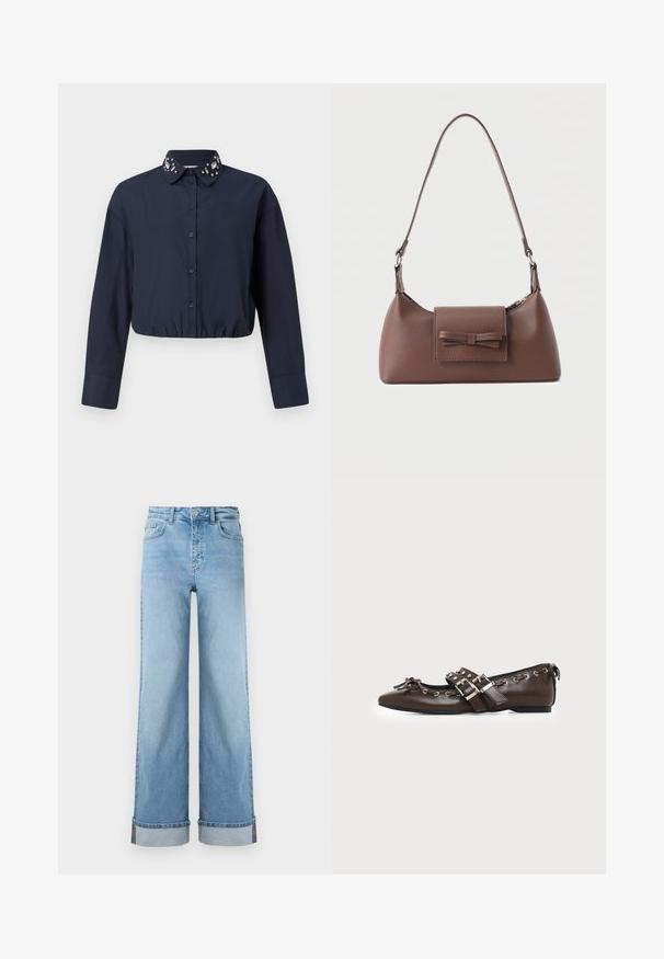 Marineblaues, kurzes Hemd mit Button-Down-Kragen, das dekorative Verzierungen am Kragen aufweist. Lange Ärmel und elastischer Saum.; Hellblaue weite Jeans im klassischen Denim mit hoher Taille, ausgestattet mit umgeschlagenen Säumen und sichtbaren Nähten.; Dunkelbrauner flacher Lederschuh mit spitzer Spitze, doppelten silbernen Schnallenriemen, Metallösen und dekorativer Schleife vorne.; Braune Leder-Umhängetasche mit einer vorderen Klappentasche, die ein gestepptes Schleifendetail und einen verstellbaren Riemen aufweist.