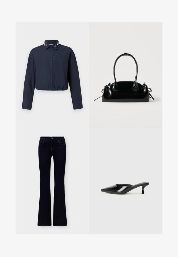 Marineblaues, kurzes Hemd mit Button-Down-Kragen, das dekorative Verzierungen am Kragen aufweist. Lange Ärmel und elastischer Saum.; Dunkelblaue Damen-Jeans mit hohem Bund und ausgestellten Beinen, vorderen Taschen und kontrastierenden Nähten, gezeigt auf einfachem Hintergrund.; Schwarze Lackleder-Mules mit spitzem Zeh, niedrigem Kitten-Heel und geschwungenen Seiten, die ein glänzendes Finish und ein minimalistisches Design aufweisen.; Kleine schwarze glänzende Handtasche mit zwei langen Griffen und seitlichen Kordelzug-Details vor einfachem hellem Hintergrund.