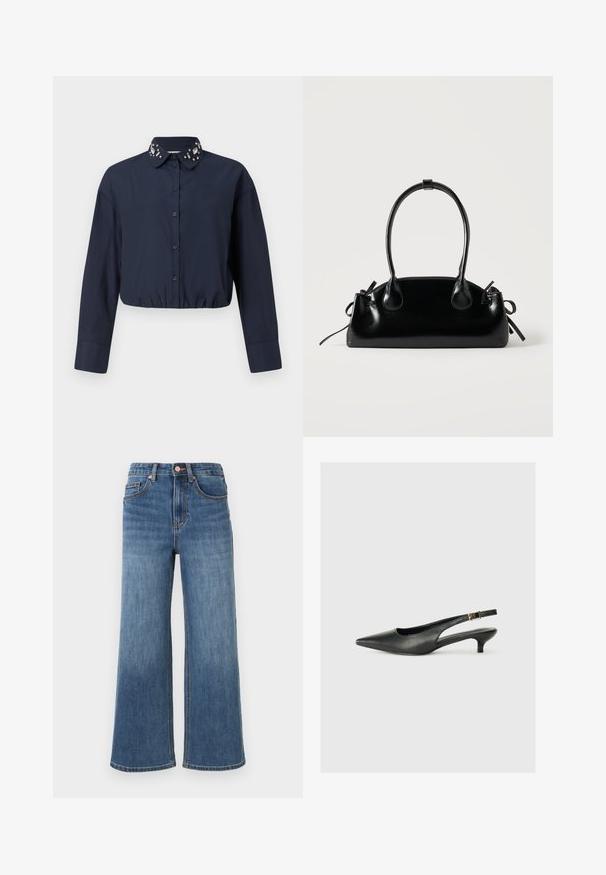 Marineblaues, kurzes Hemd mit Button-Down-Kragen, das dekorative Verzierungen am Kragen aufweist. Lange Ärmel und elastischer Saum.; Blaue Denim-Jeans mit weitem Bein, fünf Taschen, Knopfverschluss und Gürtelschlaufen, gezeigt vor einem einfarbigen hellen Hintergrund.; Schwarzer Slingback-Schuh mit spitzem Zehenbereich aus glattem Leder. Mit einem dünnen Absatz und einer dekorativen Schnalle am verstellbaren Riemen.; Kleine schwarze glänzende Handtasche mit zwei langen Griffen und seitlichen Kordelzug-Details vor einfachem hellem Hintergrund.