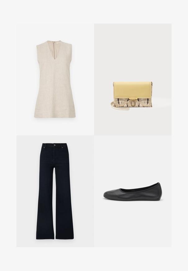 Top sans manches beige à col en V, fabriqué dans un tissu texturé, avec une fermeture éclair dans le dos. Design simple, sans motifs ni accents.; Jean évasé bleu foncé en denim. Doté d'une fermeture par bouton, de cinq poches, et d'un design épuré avec peu de variations de texture.; Ballerines en cuir noir avec un bout rond, texture lisse, détails de couture minimalistes et design de semelle flexible.; Petit sac pochette avec rabat en cuir jaune et corps imprimé serpent, avec une fine sangle pour poignet et un fermoir doré sur fond uni.