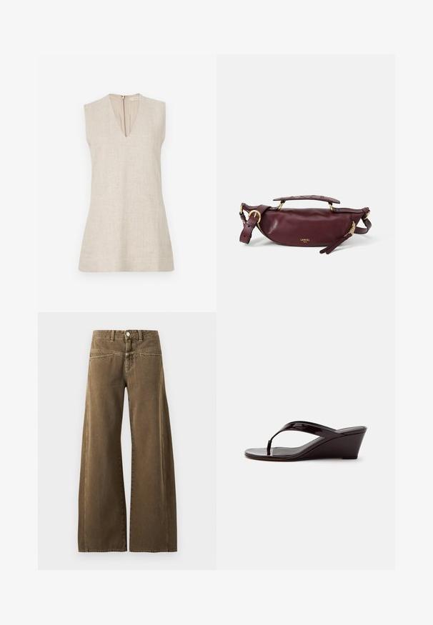 Top sans manches beige à col en V, fabriqué dans un tissu texturé, avec une fermeture éclair dans le dos. Design simple, sans motifs ni accents.; Pantalon marron taille haute à jambes larges avec bouton devant, passants de ceinture, et coutures visibles sur fond clair.; Sandale compensée en cuir verni marron avec bride entre les orteils et bout ouvert, vue de profil sur un fond uni.; Sac à main en cuir bourgogne avec une silhouette arrondie, quincaillerie dorée, une poignée supérieure et une bandoulière ajustable. Présente un détail de logo embossé.